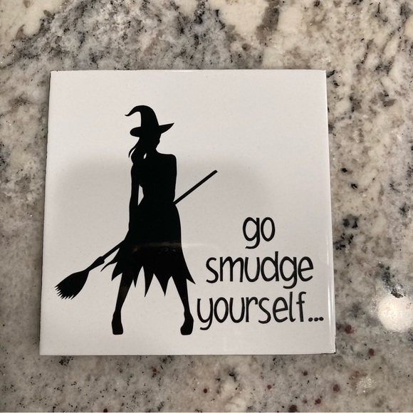 Witch Please! Go Smudge Yourself -  Set of 2 Black & White Witch Coasters - Picture 3 of 5